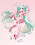  1girl aqua_eyes aqua_hair bandages boots collared_dress dress first_aid_kit gradient_background hat hatsune_miku highres holding holding_syringe intravenous_drip koiiro_byoutou_(vocaloid) long_hair looking_at_viewer nail_polish nurse nurse_cap open_mouth pill pink_dress pink_footwear rumoon short_sleeves simple_background solo syringe thigh_boots twintails very_long_hair vocaloid 