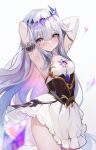  1girl armpits blush breasts corset crown dress gem grey_hair hair_between_eyes highres hololive hololive_english jewelry koahri koseki_bijou long_hair looking_at_viewer parted_lips presenting_armpit purple_eyes simple_background small_breasts solo virtual_youtuber white_background white_dress 