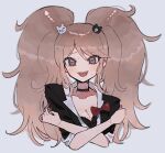  1girl :d bear_hair_ornament black_bra black_choker black_shirt blonde_hair blush bow bra breasts choker cleavage collarbone cropped_torso danganronpa:_trigger_happy_havoc danganronpa_(series) enoshima_junko grey_background hair_ornament large_breasts long_hair mikomi_(90m5x) nail_polish pink_eyes red_bow red_nails shiny_skin shirt simple_background smile solo twintails underwear 