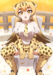  1girl animal_ears animal_print autumn autumn_leaves bare_shoulders blonde_hair breasts breath brown_hair cheetah_(kemono_friends) cheetah_ears cheetah_print collared_shirt day elbow_gloves ev_(kemomimizuku) extra_ears eyeshadow fang full_body ginkgo_leaf gloves kemono_friends kemono_friends_2 leaf long_hair looking_at_viewer makeup maple_leaf miniskirt multicolored_hair necktie open_mouth outdoors pleated_skirt print_footwear print_gloves print_necktie print_skirt print_thighhighs railing shirt shoes sitting skindentation skirt solo spread_legs sweat taut_clothes taut_shirt thighhighs v_arms very_long_hair wet wet_clothes wet_shirt white_shirt wing_collar yellow_eyes zettai_ryouiki 