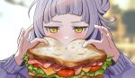  1girl arched_bangs blurry blurry_background blush cheese commentary_request eating food grey_hair hair_bun ham highres holding holding_food hololive lettuce long_sleeves murasaki_shion portrait purple_sweater sandwich short_eyebrows sidelocks single_side_bun solo suzuushi sweater tomato tomato_slice virtual_youtuber yellow_eyes 