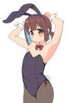  1girl animal_ears armpits arms_behind_head arms_up black_leotard black_pantyhose bow bowtie brown_eyes brown_hair cowboy_shot detached_collar highres hozuki_momiji leotard long_hair low_twintails naitou_kouse onii-chan_wa_oshimai! pantyhose playboy_bunny rabbit_ears rabbit_tail red_bow red_bowtie simple_background solo strapless strapless_leotard tail twintails white_background wrist_cuffs 