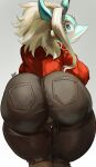  anthro biped blonde_hair blue_eyes blush bottomwear butt canid canine clothed clothing denim denim_clothing eyelashes female fox green_body grey_background hair hi_res ippan_josei jeans looking_at_viewer looking_back looking_back_at_viewer mammal my_hero_academia noblood pants rear_view signature simple_background solo 