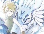  1boy blonde_hair blue_eyes brown_gloves character_name closed_eyes digimon digimon_(creature) digimon_adventure garurumon gdn0522 gloves highres ishida_yamato shirt sleeveless sleeveless_shirt spiked_hair wolf 