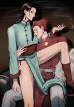  2boys alternate_costume black_hair chinese_clothes empty_eyes enyalee feet_out_of_frame hair_slicked_back highres hisoka_morow holding holding_smoking_pipe hunter_x_hunter illumi_zoldyck lips long_hair looking_at_viewer male_focus multiple_boys pelvic_curtain red_hair short_hair smoking_pipe spider_tattoo tattoo thighs yaoi 
