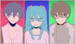  1girl 2boys adam_moonlit bags_under_eyes blue_eyes blue_hair brown_eyes brown_hair coat collarbone collared_shirt dress empty_eyes eve_moonlit evil_grin evil_smile evillious_nendaiki expressionless glasses grey_shirt grin hair_between_eyes hair_ribbon half-closed_eyes hatsune_miku highres hiyama_kiyoteru kaito_(vocaloid) lab_coat long_hair ma_keikaku_(vocaloid) messy_hair multiple_boys ng_huy_hoang open_clothes open_coat open_shirt parted_lips pink_ribbon ribbon seth_twiright shirt short_hair sidelocks smile smug striped striped_shirt suspenders twintails unbuttoned vertical_stripes very_long_hair vocaloid wavy_hair white_dress 