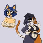  animal_crossing ankha_(animal_crossing) anthro big_breasts black_clothing black_eyes black_eyeshadow black_swimwear blue_background blue_hair breasts brown_body brown_fur camel_toe chest_wraps cleavage clothed clothing dipstick_limbs dipstick_tail domestic_cat duo egyptian_headdress epic_games eyelashes eyeshadow fangs felid feline felis female fortnite fur grey_body grey_clothing grey_fur grey_hat grey_headwear gun hair hat headgear headwear hi_res holding_gun holding_object holding_weapon huge_breasts looking_at_viewer makeup mammal markings medlinss meow_skulls_(fortnite) navel nintendo open_mouth ranged_weapon short_hair simple_background swimwear tail tail_markings teeth thick_thighs under_boob weapon white_body white_fur wide_hips wraps yellow_body yellow_eyes yellow_fur 