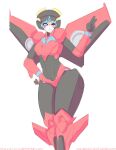  1girl absurdres alien blue_eyes breasts colored_skin hand_on_hip highres humanoid_robot looking_at_viewer m-a-v-e-r-i-c-k medium_breasts one_eye_closed panties red_panties robot simple_background solo thick_thighs thighs transformers underwear white_background windblade wings 