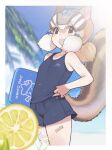  1girl animal_ears beach brown_eyes brown_hair chipmunk_ears chipmunk_girl chipmunk_tail extra_ears food fruit kemono_friends kemono_friends_v_project lemon lemon_slice looking_at_viewer official_art open_mouth ribbon short_hair siberian_chipmunk_(kemono_friends) solo summer swimsuit tail virtual_youtuber yoshizaki_mine 