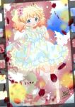  :d abstract_background alice_cartelet artist_name ballet_slippers bare_legs blonde_hair blue_eyes bow bowtie bridal_garter choker chopsticks dress earrings falling_petals film_reel floral_background floral_print flower frilled_dress frills full_body hair_flower hair_ornament hand_up highres jewelry kin-iro_mosaic leg_up light_blush looking_at_viewer medium_hair multicolored_hair official_art open_mouth outstretched_arm ozeki_miyabi petals pink_footwear pink_hair short_twintails signature smile twintails wavy_hair white_bow white_bowtie white_choker white_dress yellow_bow yellow_bowtie yellow_choker yellow_dress 