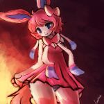  anthro anthrofied blue_eyes blush bow_(feature) bow_ribbon clothed clothing eeveelution female fur generation_6_pokemon hair lumineko mammal nintendo pink_hair pokemon pokemon_(species) pokemorph ribbons short_hair simple_background solo standing sylveon 