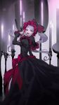  1girl bonnet bow candle candlestand dress fangs gothic_lolita grey_hair hair_bow hand_up highres lolita_fashion long_sleeves nanase_miri open_mouth overlord_(maruyama) pale_skin ponytail purple_eyes shalltear_bloodfallen sidelocks slit_pupils solo tongue tongue_out vampire 
