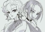  2girls black_choker bob_cut briar_(pokemon) bright_pupils choker earrings greyscale hair_between_eyes highres jewelry kukiwakame looking_at_viewer loose_hair_strand monochrome multiple_girls perrin_(pokemon) pokemon pokemon_(game) pokemon_sv short_hair simple_background sketch smile white_pupils 