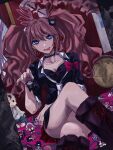  1girl :p asahina_aoi bear_hair_ornament black_choker black_footwear black_shirt boots breasts brown_hair celestia_ludenberg choker collarbone crossed_legs danganronpa:_trigger_happy_havoc danganronpa_(series) doll enoshima_junko feet_out_of_frame fujisaki_chihiro fukawa_toko geruidoshifa hagakure_yasuhiro hair_ornament holding holding_doll ikusaba_mukuro ishimaru_kiyotaka kirigiri_kyoko knee_boots kuwata_leon large_breasts long_hair looking_at_viewer maizono_sayaka miniskirt naegi_makoto necktie ogami_sakura owada_mondo pink_eyes pleated_skirt red_skirt shirt short_sleeves sitting skirt smile solo togami_byakuya tongue tongue_out twintails white_necktie yamada_hifumi 