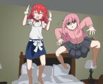  2girls :3 :d ^_^ arm_up barefoot bed bedroom blue_skirt bocchi_the_rock! closed_eyes commentary_request feet gotoh_hitori grey_skirt hands_up heart heart-shaped_eyewear indoors jacket jumping kita_ikuyo lamp long_hair meme multiple_girls nightstand photo-referenced pink_hair pleated_skirt purple_jacket scrunchie shirt sketch skirt smile sunglasses teeth tenten_(chan4545) track_jacket upper_teeth_only white_scrunchie white_shirt wrist_scrunchie yellow-framed_eyewear youkai_gyaru_(meme) 