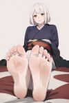  1girl barefoot feet foot_focus highres japanese_clothes kimono legs original playh red_eyes short_hair sitting soles toes white_hair 