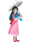  1girl character_request closed_mouth commentary dress full_body green_eyes green_hair hair_ribbon high_heels holding holding_pokemon holding_umbrella horezai long_hair looking_at_viewer marill parasol pink_dress pokemon pokemon_(creature) red_footwear ribbon short_sleeves smile standing transparent_background umbrella yellow_ribbon 