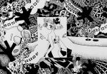  2girls abstract_background ass blunt_bangs blunt_ends closed_eyes completely_nude covered_mouth cowboy_shot fabric from_behind fuminooco greyscale hair_ornament highres holding hole_on_body looking_at_viewer looking_back lying mask monochrome mouth_mask multiple_girls nude on_back original plant rabbit ribbon seigaiha short_hair sidelocks standing traditional_media 