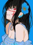  1girl absurdres black_choker black_hair blue_background blue_dress blue_flower blue_theme breasts chainsaw_man choker cleavage cross_scar dress earrings flower hair_flower hair_ornament highres jewelry long_hair looking_at_viewer parted_lips red_eyes ringed_eyes sailen0 scar scar_on_cheek scar_on_face simple_background solo yoru_(chainsaw_man) 