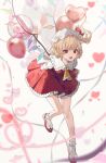 1girl :d absurdres arms_behind_back ascot balloon black_bow blonde_hair bobby_socks bow collared_shirt crystal daimaou_ruaeru flandre_scarlet footwear_bow frilled_ascot frilled_skirt frills full_body hair_between_eyes hat hat_bow heart heart_balloon heart_of_string high_heels highres knees_together_feet_apart leg_up looking_at_viewer mob_cap multicolored_wings one_side_up puffy_short_sleeves puffy_sleeves red_eyes red_footwear red_skirt red_vest shirt shoes short_hair short_sleeves skirt skirt_set smile socks solo standing standing_on_one_leg tongue tongue_out touhou vest white_headwear white_shirt white_socks wings yellow_ascot 