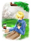  blonde_hair blue_turtleneck_sweater book brown_pants cup elbows_on_table guilty_gear guilty_gear_x holding holding_book kettle kinomin ky_kiske male_focus on_chair outdoors pants short_hair sleeping sleeping_upright solo sweater teacup turtleneck turtleneck_sweater 