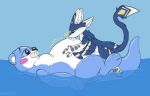  animate_inanimate avali blue_body blue_eyes blush duo feathered_wings feathers fur inflatable inflation living_inflatable mammal mustelid otter permagrin pool_toy simple_background symrea wings 