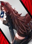  1girl alternate_costume animal_ear_fluff animal_ears black_footwear boots brown_hair cellphone commentary ehrrr english_commentary high_heel_boots high_heels highres holding holding_phone imaizumi_kagerou long_hair long_sleeves looking_at_viewer mirror nail_polish phone red_eyes red_nails reflection selfie sitting smartphone solo tail thigh_boots touhou very_long_hair wolf_ears wolf_girl wolf_tail 