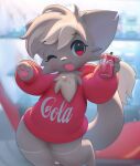  3_fingers absurd_res anthro baggy_clothing baggy_hoodie baggy_topwear beverage beverage_can blurred_background bottomless cheek_tuft chest_tuft clothed clothing coca-cola container digital_media_(artwork) english_text eyelashes facial_tuft felid feline female fingers fishnet fishnet_legwear food fur hair hi_res holding_beverage holding_object hoodie inkune legwear looking_at_viewer mammal mint_(mintpaws) one_eye_closed pawpads paws pink_pawpads pink_tongue red_clothing red_eyes red_hoodie red_topwear smile soda solo tail tan_body tan_fur tan_hair tan_tail text text_on_clothing text_on_hoodie text_on_topwear tongue tongue_out topwear tuft 