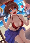  1girl beach bikini blue_eyes blush bow breasts brown_hair cleavage collarbone hair_bow hair_ribbon highres holding idolmaster idolmaster_million_live! idolmaster_million_live!_theater_days kamille_(vcx68) looking_at_viewer medium_breasts open_mouth ponytail red_bikini ribbon satake_minako solo swimsuit 