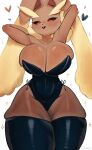  &lt;3 anthro big_breasts black_sclera breasts brown_body brown_fur cleavage clothed clothing female fur generation_4_pokemon hands_behind_head hi_res huge_breasts lagomorph legwear leotard looking_at_viewer lopunny mammal nintendo omeki pantyhose partially_clothed pokemon pokemon_(species) pose red_eyes seductive simple_background smile solo stockings thick_thighs wide_hips 