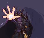  1boy aiming aiming_at_viewer armor black_armor black_cape cape final_fantasy final_fantasy_iv gauntlets glowing glowing_eye golbez helmet liveactors looking_at_viewer male_focus pauldrons shoulder_armor simple_background solo 