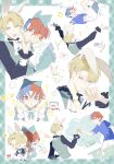  2boys alear_(fire_emblem) alear_(male)_(fire_emblem) alfred_(fire_emblem) alternate_costume animal_ears ascot blonde_hair blue_eyes blue_hair chibi crossed_bangs fire_emblem fire_emblem_engage green_eyes hair_between_eyes hair_ribbon heterochromia highres long_sleeves looking_at_another male_focus multicolored_hair multiple_boys open_mouth red_eyes red_hair ribbon short_hair shorts smile sommie_(fire_emblem) split-color_hair two-tone_hair white_ascot xun_32 yaoi 