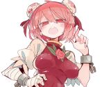  1girl bandaged_arm bandages blush bun_cover chain cuffs hair_between_eyes hand_on_own_hip ibaraki_kasen massakasama open_mouth pink_eyes pink_hair shirt short_hair short_sleeves simple_background solo tabard touhou upper_body white_background white_shirt 