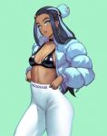  1girl black_hair blue_eyes blue_hair blush breasts choker cleavage clothes_pull earrings green_background hoop_earrings jacket jewelry looking_at_viewer meziosaur nessa_(pokemon) pants pokemon pokemon_(game) pokemon_swsh simple_background small_breasts solo white_pants 
