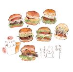 black_eyes bread burger cheese eating food food_focus h_kawa ketchup letter loaf_of_bread lying motion_lines no_humans on_stomach onion open_mouth original oversized_food oversized_object rabbit simple_background solid_circle_eyes tomato tomato_slice translation_request white_background 