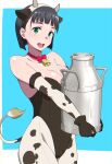  1girl :d animal_ears animal_print bare_shoulders black_gloves bottle bow bowtie breasts choker cleavage cow_ears cow_print cow_tail detached_sleeves fake_animal_ears fake_tail gloves green_background groin holding holding_bottle kirigaya_suguha large_breasts puge red_bow red_bowtie red_choker ribbon_choker smile solo sword_art_online tail teeth upper_teeth_only 