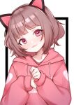  1girl :3 animal_ears blunt_bangs brown_hair cat_ears closed_mouth drawstring hands_up hashtag_only_commentary highres hood hood_down hoodie kmnz long_sleeves looking_at_viewer mc_liz pink_hoodie short_hair smile solo sunege_(hp0715) upper_body virtual_youtuber white_background 