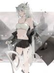  1girl animal_ears arknights bandeau bare_legs bare_shoulders black_shorts breasts commentary_request feet_out_of_frame grey_eyes grey_hair hair_ornament hairclip kamanberu_sando lappland_(arknights) medium_breasts midriff navel off_shoulder oripathy_lesion_(arknights) scar scar_across_eye short_shorts shorts smile solo standing stomach strapless tube_top wolf_ears 