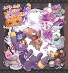  bright_pupils candy candy_wrapper clothed_pokemon commentary cup cupcake dated doughnut eevee espeon food fork halloween happy_halloween hat highres holding holding_fork ichino_cco lollipop monocle no_humans plate pokemon pokemon_(creature) purple_eyes purple_headwear teacup teapot umbreon white_pupils 