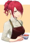  1girl apron closed_mouth cup drink hair_over_one_eye high_ponytail holding holding_drink isa_(peien516) kirijou_mitsuru long_hair looking_at_viewer persona persona_3 pink_lips red_eyes red_hair simple_background smile solo sweater tea teacup turtleneck turtleneck_sweater upper_body white_sweater 
