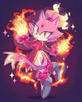  1girl blaze_the_cat burning burning_blaze cat_girl cat_tail eyelashes fire forehead_jewel furry furry_female high_heels highres jacket looking_at_viewer looking_back lou_lubally open_mouth pants ponytail red_jacket sonic_(series) sonic_rush sonic_rush_adventure tail white_pants yellow_eyes 