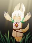  2023 anthro barefoot belt blush claws clothed clothing dark_souls digital_media_(artwork) feet female flat_chested fromsoftware fur green_eyes hair lagomorph leporid long_claws long_hair made_in_abyss mammal nanachi praise_the_sun_(meme) rabbit raised_arm rk9k simple_background solo standing tan_body tan_fur white_hair 