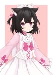  1girl :3 absurdres animal_collar animal_ear_fluff animal_ears animal_hat backpack bag bell black_hair cat_ears cat_girl cat_hat collar commentary dress eyebrows_hidden_by_hair hat highres indie_virtual_youtuber jingle_bell meika_nekoya mikoscrub pink_collar pleated_dress purple_eyes short_eyebrows sleeves_past_fingers sleeves_past_wrists smile solo two-tone_dress two_side_up upper_body virtual_youtuber 
