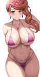  1girl absurdres bare_shoulders bikini blush breasts brown_hair cleavage closed_mouth collarbone cowboy_shot eyewear_on_head green_eyes hand_up heart heart-shaped_eyewear highres jasony jewelry large_breasts long_hair looking_at_viewer navel necklace pokemon pokemon_(game) pokemon_swsh purple_bikini side_ponytail sideboob simple_background smile sonia_(pokemon) stomach sunglasses swimsuit thighs underboob white_background 
