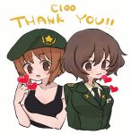  2girls akiyama_yukari beret black_necktie black_tank_top blazer breasts brown_eyes brown_hair cleavage comiket_100 cropped_torso dress_shirt english_text girls_und_panzer green_headwear green_jacket hand_on_own_arm hat heart highres jacket japan_ground_self-defense_force japan_self-defense_force medium_breasts messy_hair military military_hat military_uniform multiple_girls necktie nishizumi_miho ri_(qrcode) shirt short_hair side-by-side star_(symbol) tank_top thank_you uniform white_shirt wing_collar 