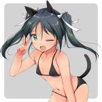 1girl animal_ears black_hair breasts cat_ears cat_tail cowboy_shot fang francesca_lucchini green_eyes hair_ribbon highres long_hair looking_at_viewer one_eye_closed open_mouth ribbon small_breasts smile solo strike_witches tail tan twintails v white_ribbon world_witches_series yashin_(yasinz) 