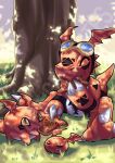  3others 7cervantes bread closed_eyes digimon digimon_(creature) digital_hazard evolutionary_line food gigimon goggles goggles_on_head grass guilmon highres holding holding_food jyarimon multiple_others no_humans outdoors sitting tree wings 