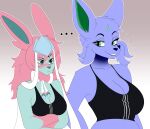  absurd_res blue_body blue_fur bow_ribbon chainilla clothing eeveelution espeon fur generation_2_pokemon generation_4_pokemon generation_6_pokemon glaceon hi_res meme meme_clothing nintendo pokemon pokemon_(species) purple_body purple_fur sylveon 