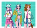  3girls adjusting_eyewear alternate_costume animal_ears bag baseball_cap blue_eyes blue_shorts boogie_february breasts brown_hair bubble_blowing chewing_gum crop_top cup disposable_cup drinking ears_through_headwear feet_out_of_frame flat_chest gold_ship_(umamusume) green_eyes hand_in_pocket handbag hat highres holding holding_cup horse_ears horse_girl horse_tail jacket letterman_jacket long_hair looking_to_the_side medium_breasts mejiro_mcqueen_(umamusume) mejiro_palmer_(umamusume) mejiro_ryan_(umamusume) multicolored_hair multiple_girls navel off_shoulder open_clothes open_jacket pink_shirt pink_skirt ponytail purple_eyes purple_hair shirt shirt_tucked_in short_hair shorts shoulder_bag skirt standing sunglasses tail tank_top twitter_username two-tone_hair umamusume white_hair white_shirt yellow_jacket 