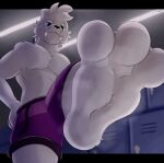  2023 3_toes anthro barefoot bat blue_eyes blurred_background bottomwear charles_(suddendraft) clothed clothing dewgong duo fangs feet foot_focus fur generation_1_pokemon grey_body grey_fur hand_on_hip hi_res locker_room low-angle_view male mammal membrane_(anatomy) micro nintendo nyterious_(character) pokemon pokemon_(species) purple_bottomwear purple_clothing raised_foot sabertooth_(anatomy) soles suddendraft teeth toes topless topless_anthro topless_male webbed_feet 